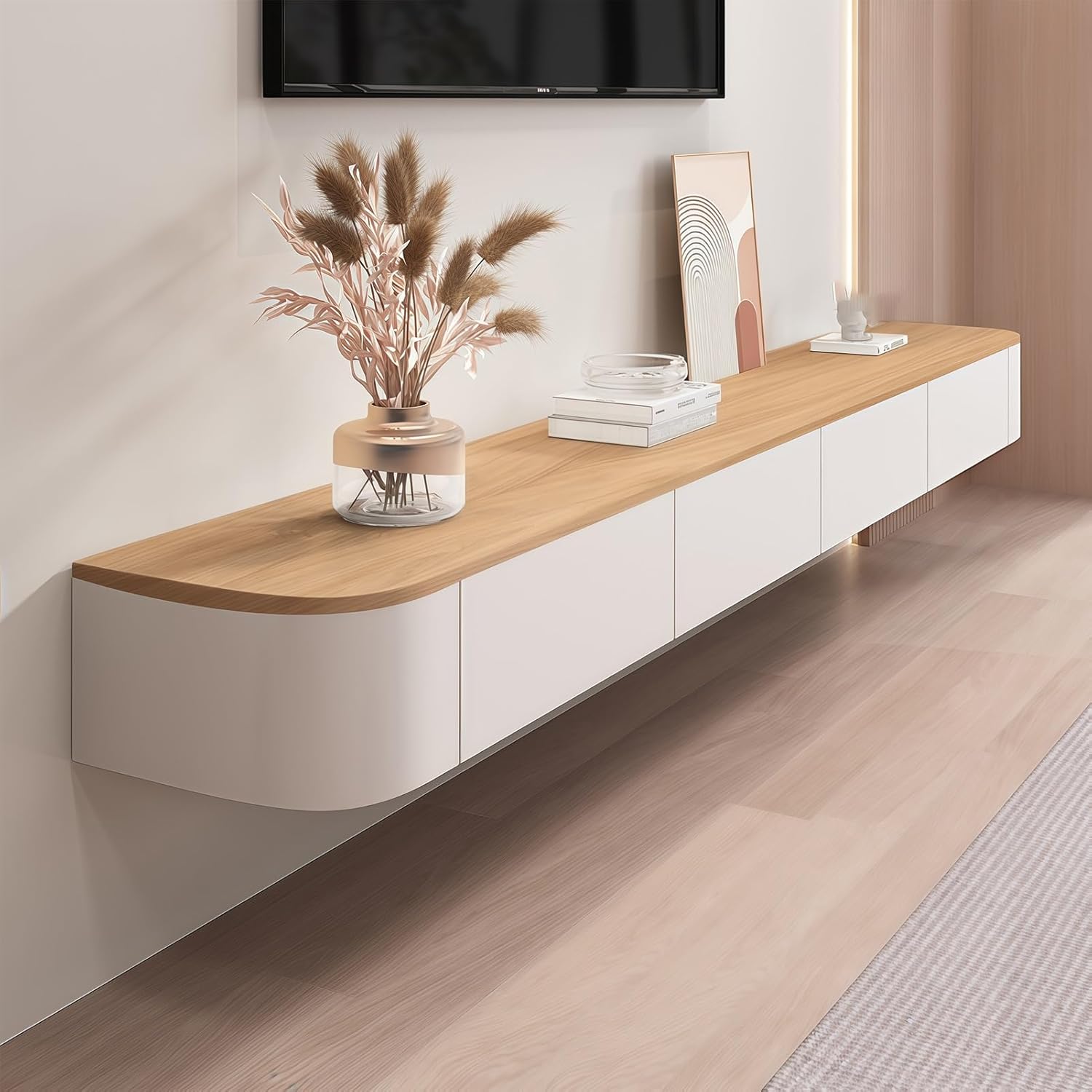 Floating TV Stand,Media Console with 2 Large Storage Drawers,Solid Wood Wall Mounted Media Console,Floating TV Cabinet for Living Room, Office, Home Bedroom(Natural+White,55.1x7.8x9.4in)