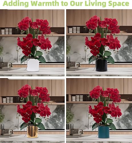 Miniatura 4 de CXGS Plantas de flores de orquídea artificial de tacto real, orquídeas falsas en jarrón de cerámica, orquídea Phalaenopsis roja de 20.9'', arreglo