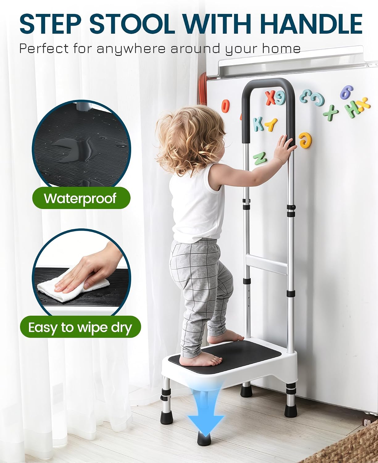 Step Stool with Handle for Elderly - Portable Step Stools for Adults - Step Stool for Bed - Stepping Stool with Adjustable Handle and Legs Supports up to 275 LBS, HDB-503A