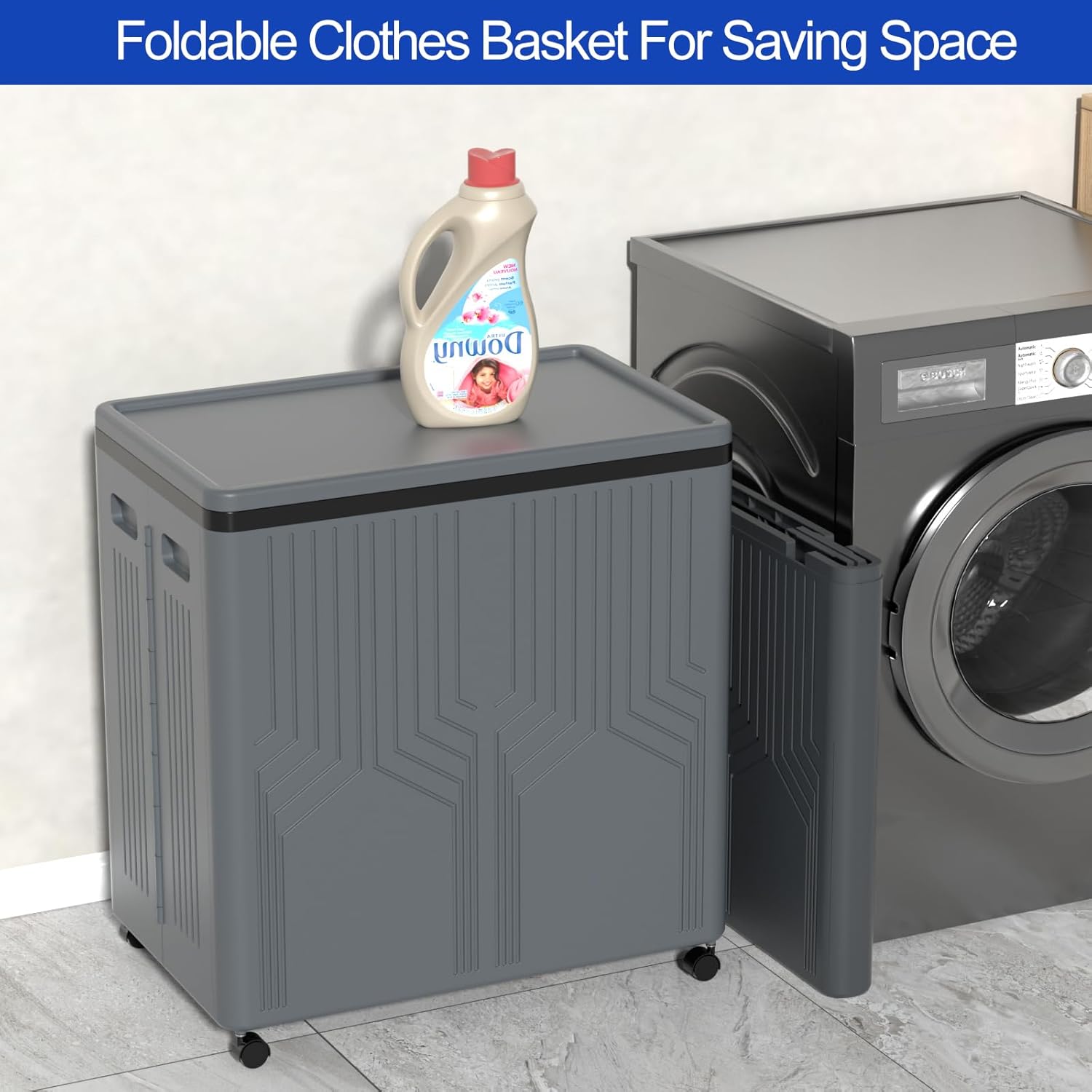 120 L Large Double Laundry Hamper with Lid and Wheels, 2 Section Plastic Laundry Basket with Wheels, Foldable Rolling Clothes Basket for Bathroom Bedroom, Gray