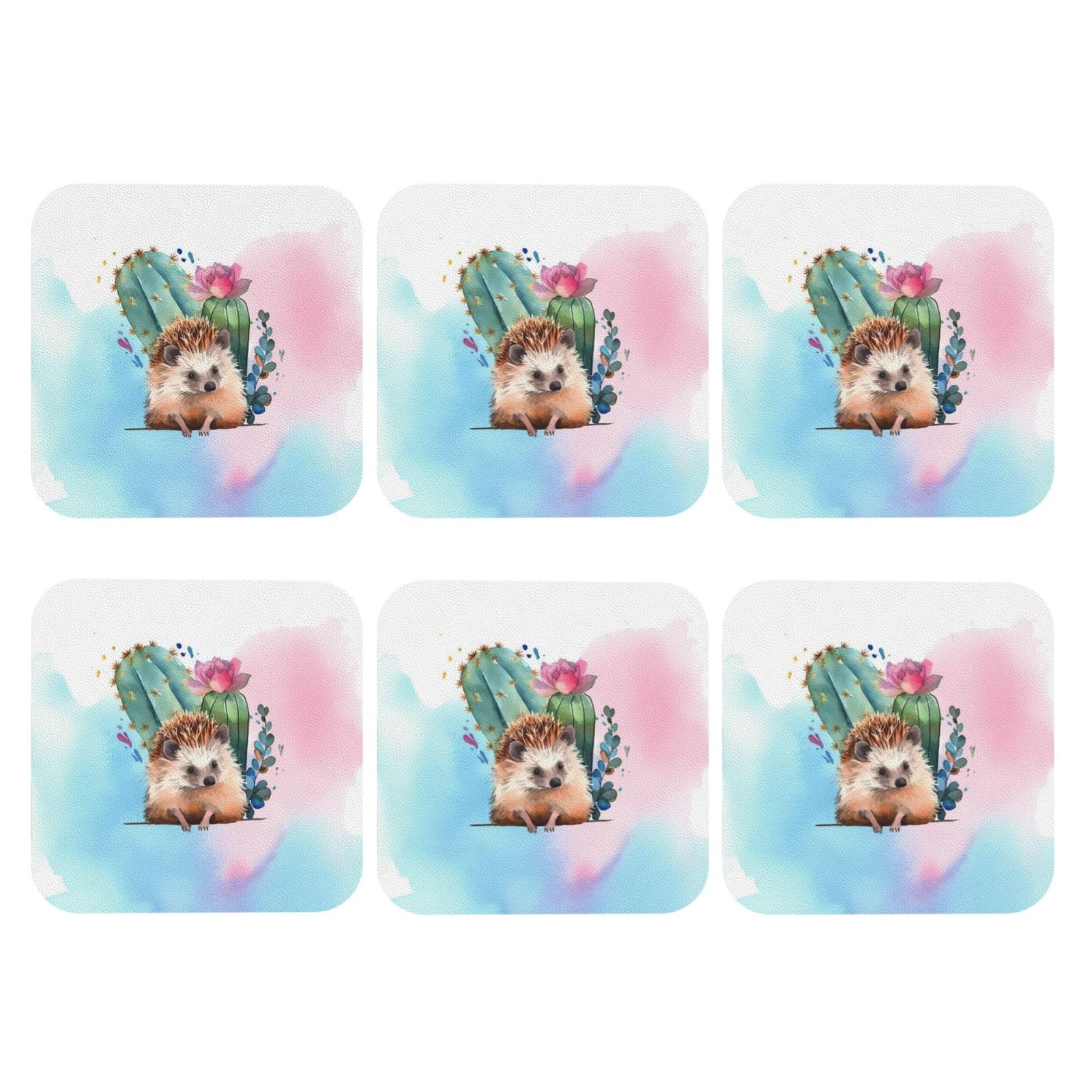 6pcs Leather Coasters for Drinks, Watercolor Hedgehog Drink Coasters for Tabletop Protection, 4" Cup Coasters for Coffee Table Decor, Non-Slip Drinking Cup Mat for Hot Or Cold Drink