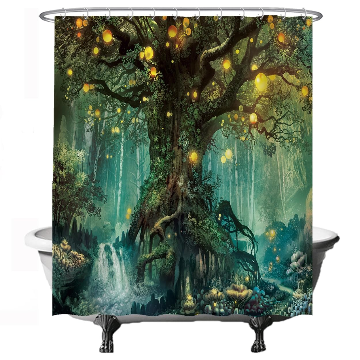 Ulticool Elf Tree Shower Curtain - Fairytale Magic Forest Nature - 180 X 200 Cm – Washable – Waterproof – Anti-Mould – With 12 Rings – Green Yellow