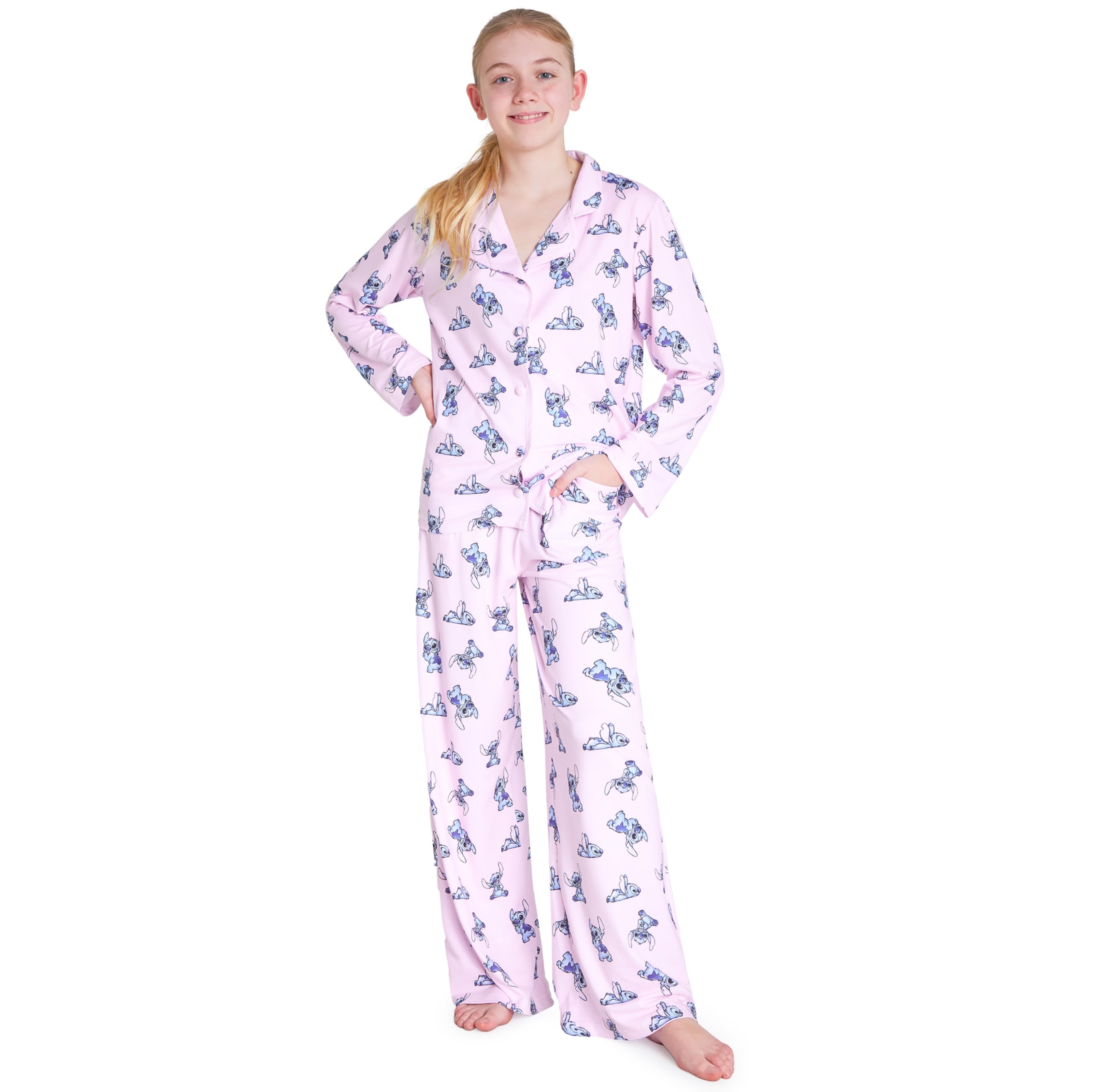 Disney Stitch Pigiama Bambina - Pigiama Ragazza 7-14 Anni Lungo con Bottoni - Gadget Stitch Regalo per Bambine
