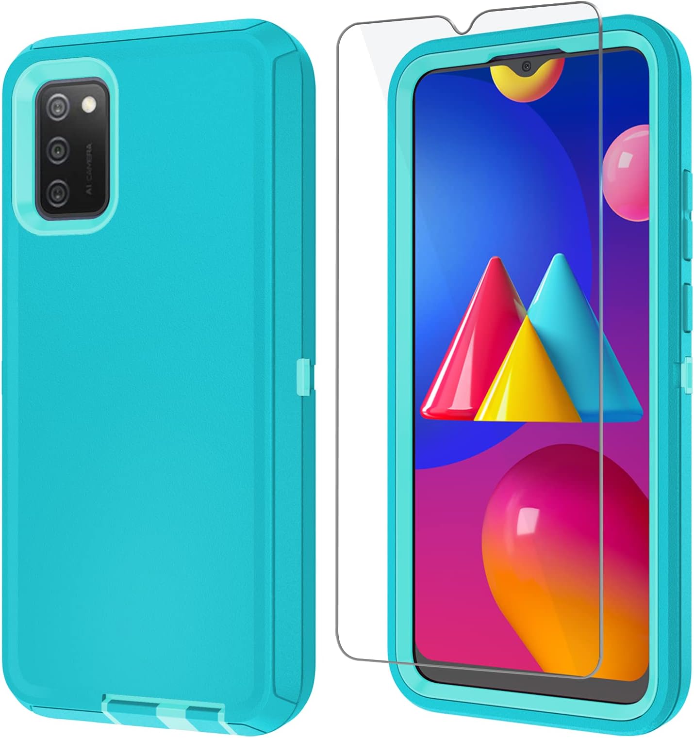 MMY Case for Samsung Galaxy A02S Case + Tempered Glass Screen Protector Heavy Duty Shockproof Drop Dust Proof 3 in 1 Defender Green-Mint