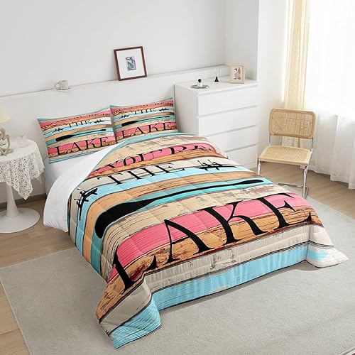 Miniatura 5 de Colorido juego de edredón rústico de casa de lago, tamaño Queen, juego de ropa de cama de madera de granja, para niños, niñas, adolescentes y