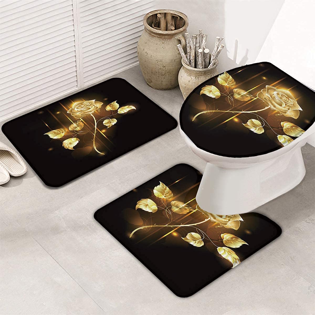 NEWSUYAA 4 Piece Black Shower Curtain with Bath Mats Bathroom Accessory SetS,Gold Rose Flower Fabric Bath Decor with Floral Waterproof Bathtub Curtains Bath Rugs and Toilet Seat Cover Hooks (Black) - Image 4
