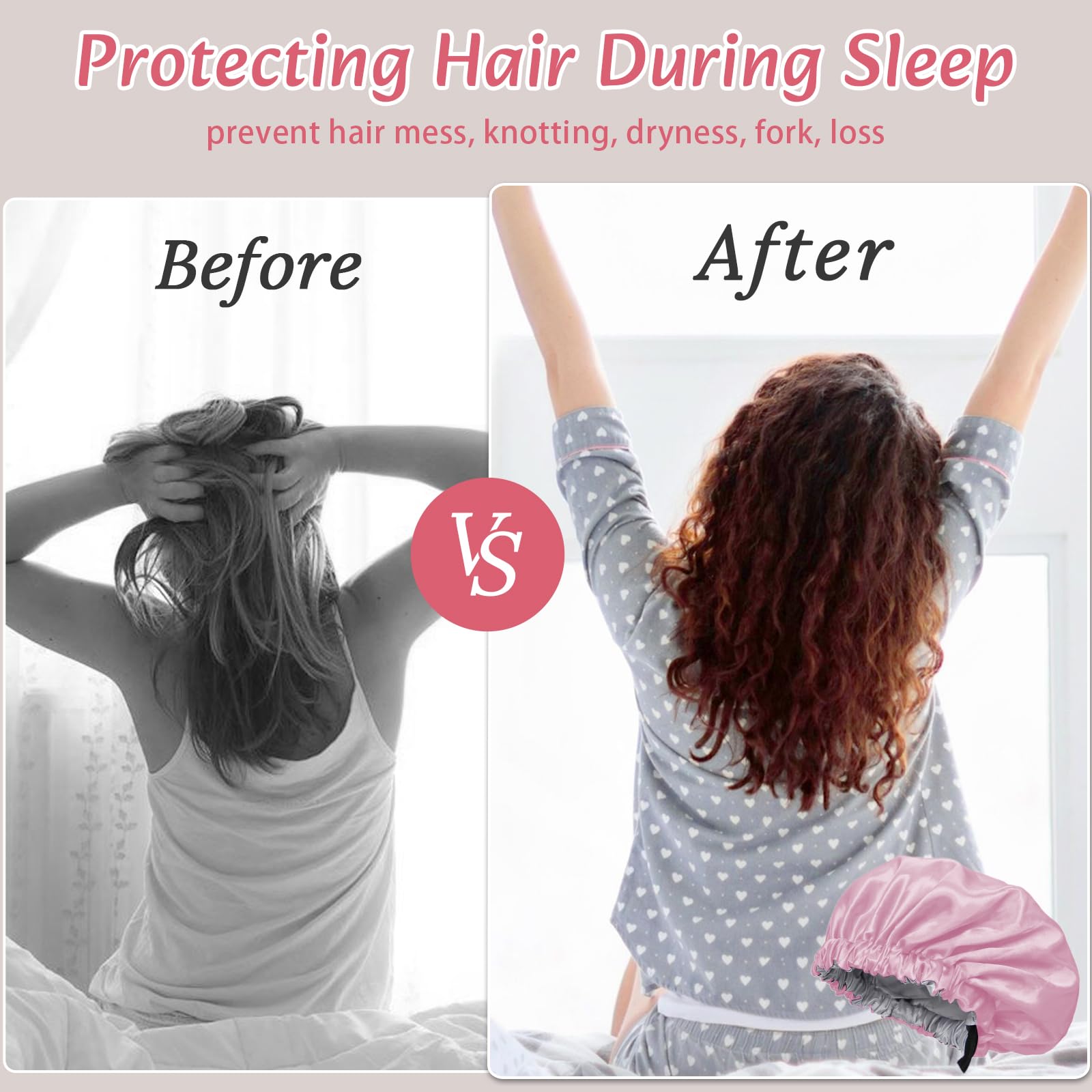 Euqvunn 2 Pezzi Cuffia Seta Capelli Notte, Regolabile con Ampia Fascia Elastica, Doppia Faccia a Due Colori Cuffia Seta Capelli Ricci, Adatto Protezione per Capelli Lunghi/Ricci