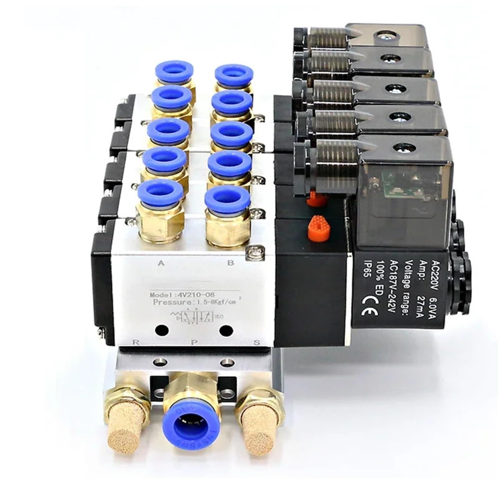 Bloque de electroválvula neumática 4V210-08 DC12/24V con silenciador, base de colector, 2/3/4/6 vías, 1 unidad(5 Row 12mm fitting,DC24V)