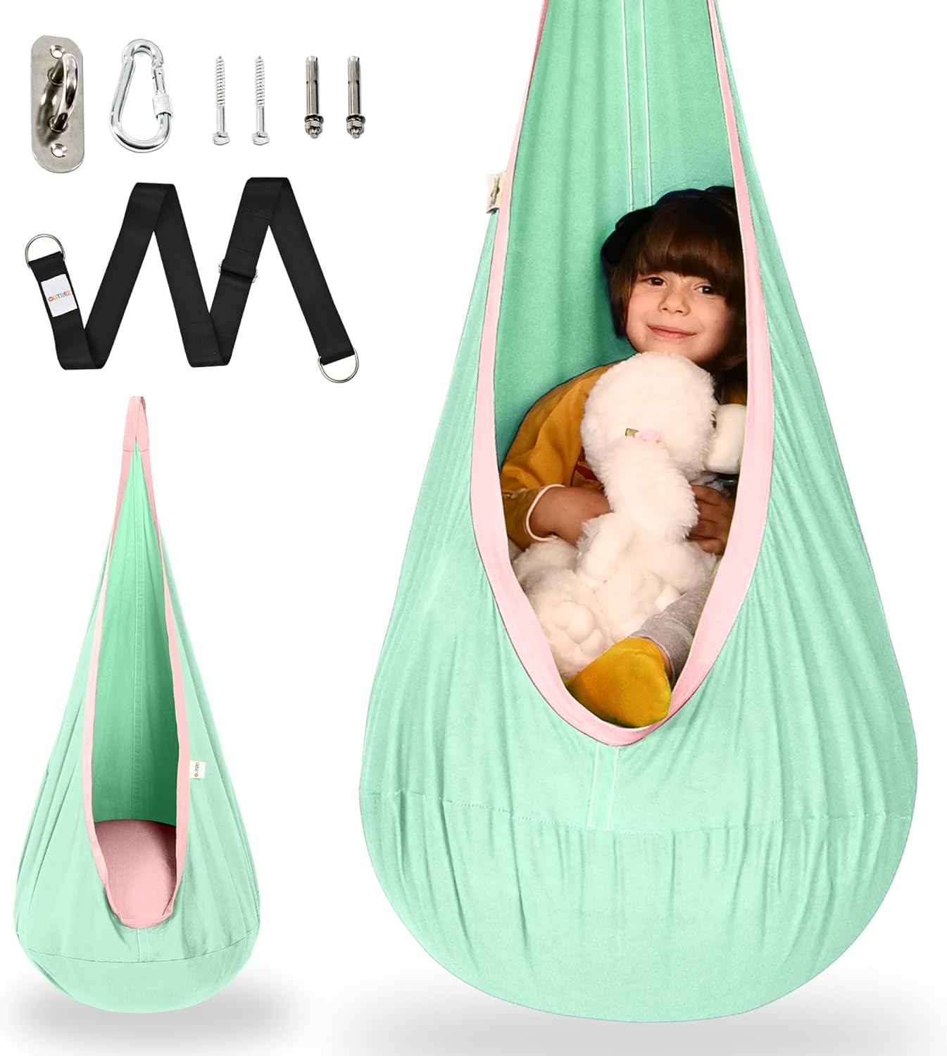 OUTREE Kids Pod Swing Seat, Cotton Child Hammock Swing Chair, Sensory Swing for Indoor and Outdoor Use, Macaron Green