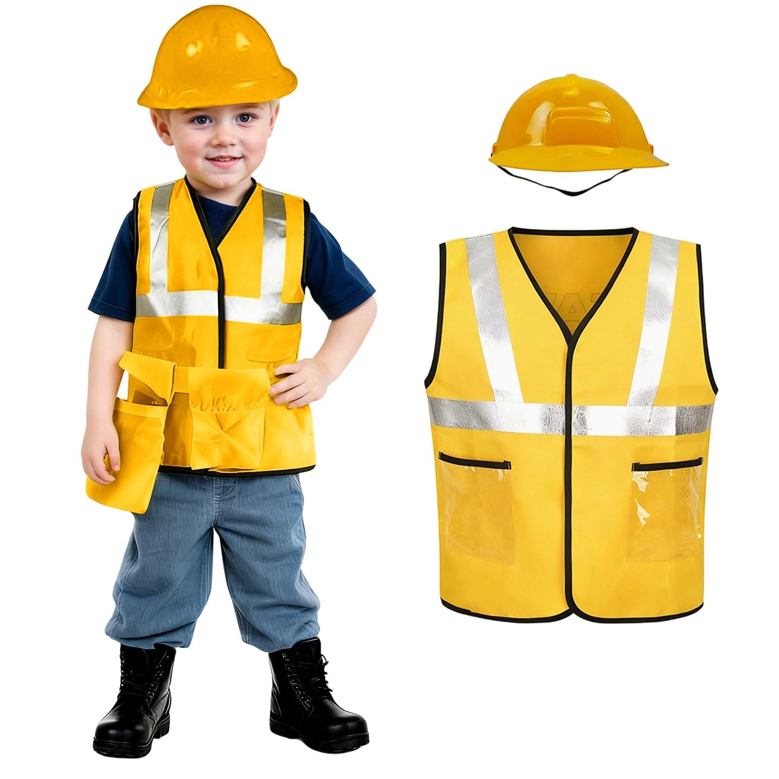 Kids Construction Worker Costumes Toddlers Builder Costume with High Visibility Vest Hat Kids Dress Up Clothes for Role Play, Halloween Carnival Masquerade, for 3-10 Years Child Yellow