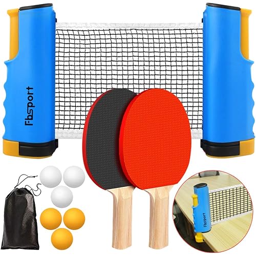FBSPORT Ping Pong Paddle Set, Portable Table Tennis Set with Retractable Net,Rackets,Balls and Carry Bag for Indoor/Outdoor Games