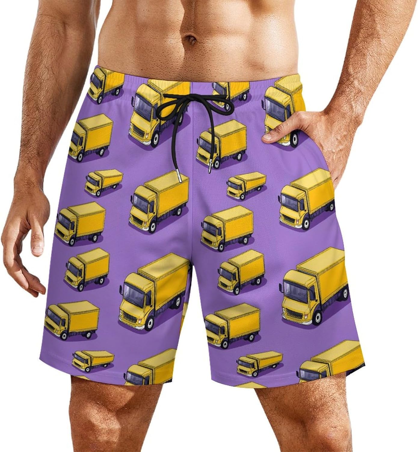 Truck Pattern Casual Beach Shorts for Men Elastic Waist Drawstring Swim Shorts With Compression Liner