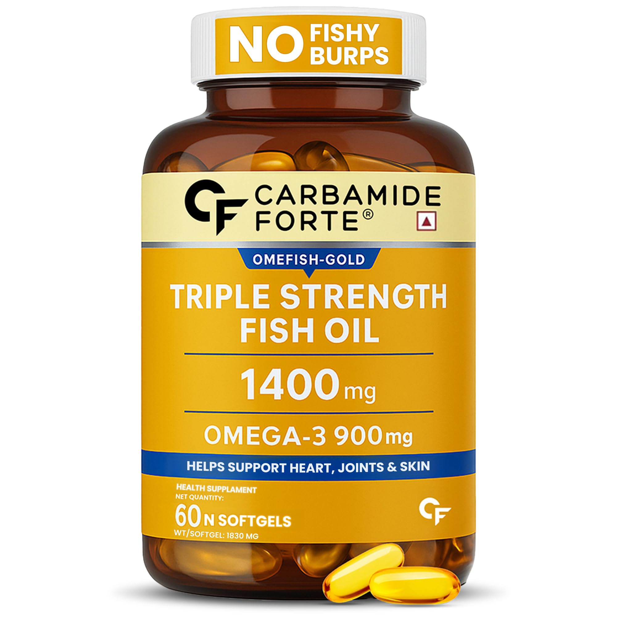 Carbamide Forte Omega 3 Fish Oil Capsules For Men And Women | Fish Oil Omega 3 Supplement Supports Heart, Joint & Skin | 60 Triple Strength Capsules