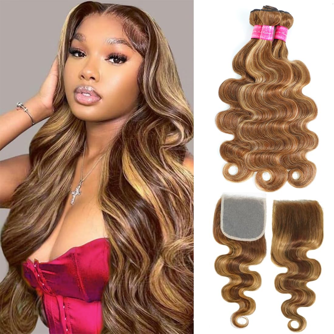Body Wave Bundles Human Hair with Closure 22 24 26+20 Inch Ombre Brown Highlight Hair Bundles with 4x4 Lace Closure Remy Virgin Hair Weave Bundles