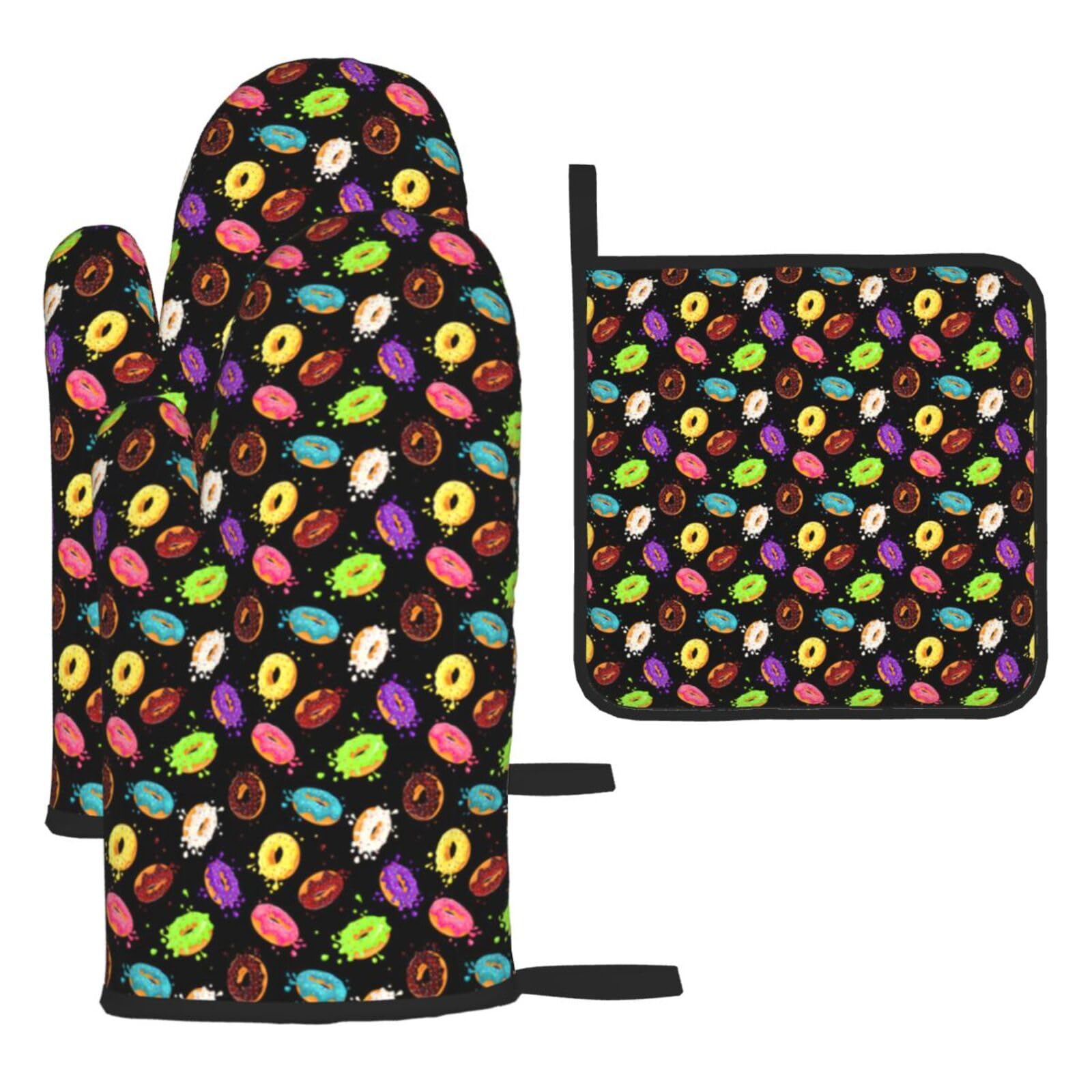 Donut Print Oven Mitts Kitchen Gloves Set Everyday Baking Grilling Microwaving Cooking Gift
