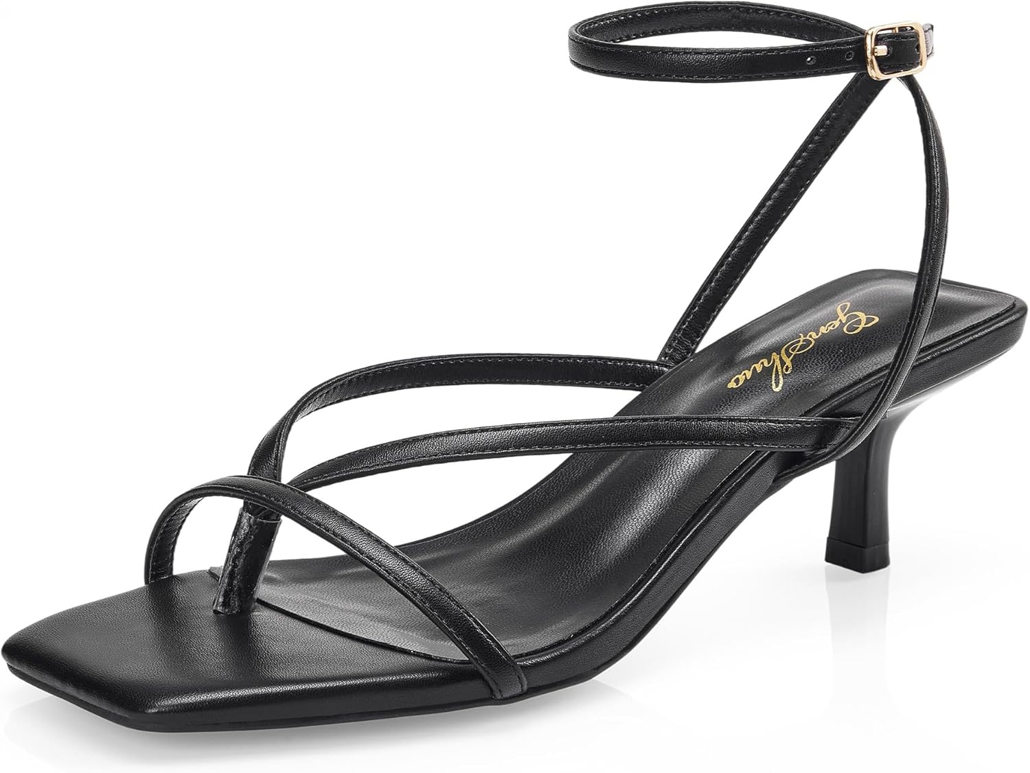 GENSHUO Women’s Strappy Kitten Heels Open Square Toe Low Heel Sandals, Thong Ankle Strap Dress Shoes for Wedding Party