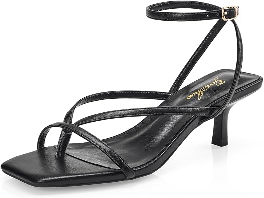 GENSHUO Womens Strappy Kitten Heels Open Square Toe Low Heel Sandals, Thong Ankle Strap Dress Shoes for Wedding Party