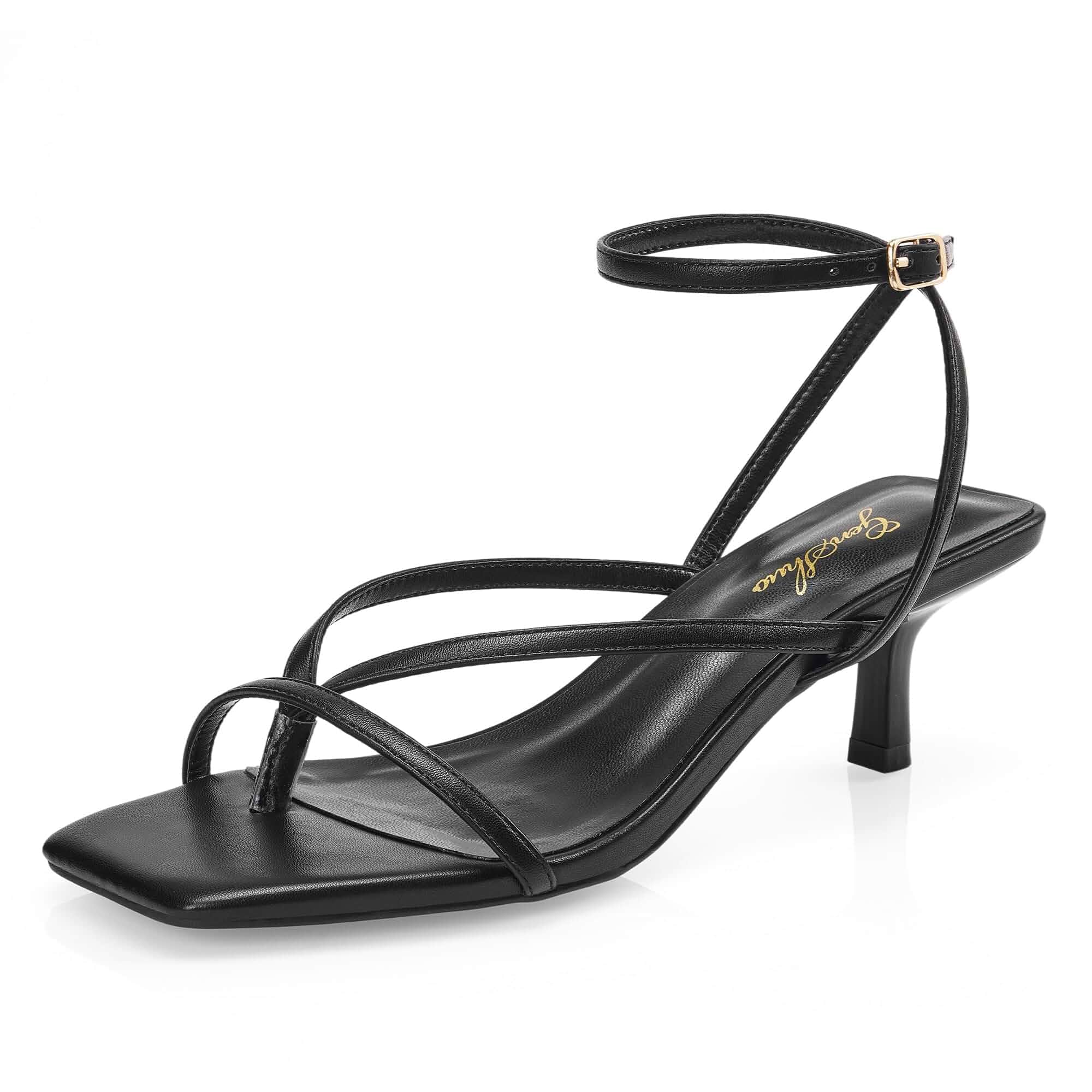 GENSHUO Women’s Strappy Kitten Heels Open Square Toe Low Heel Sandals, Thong Ankle Strap Dress Shoes for Wedding Party