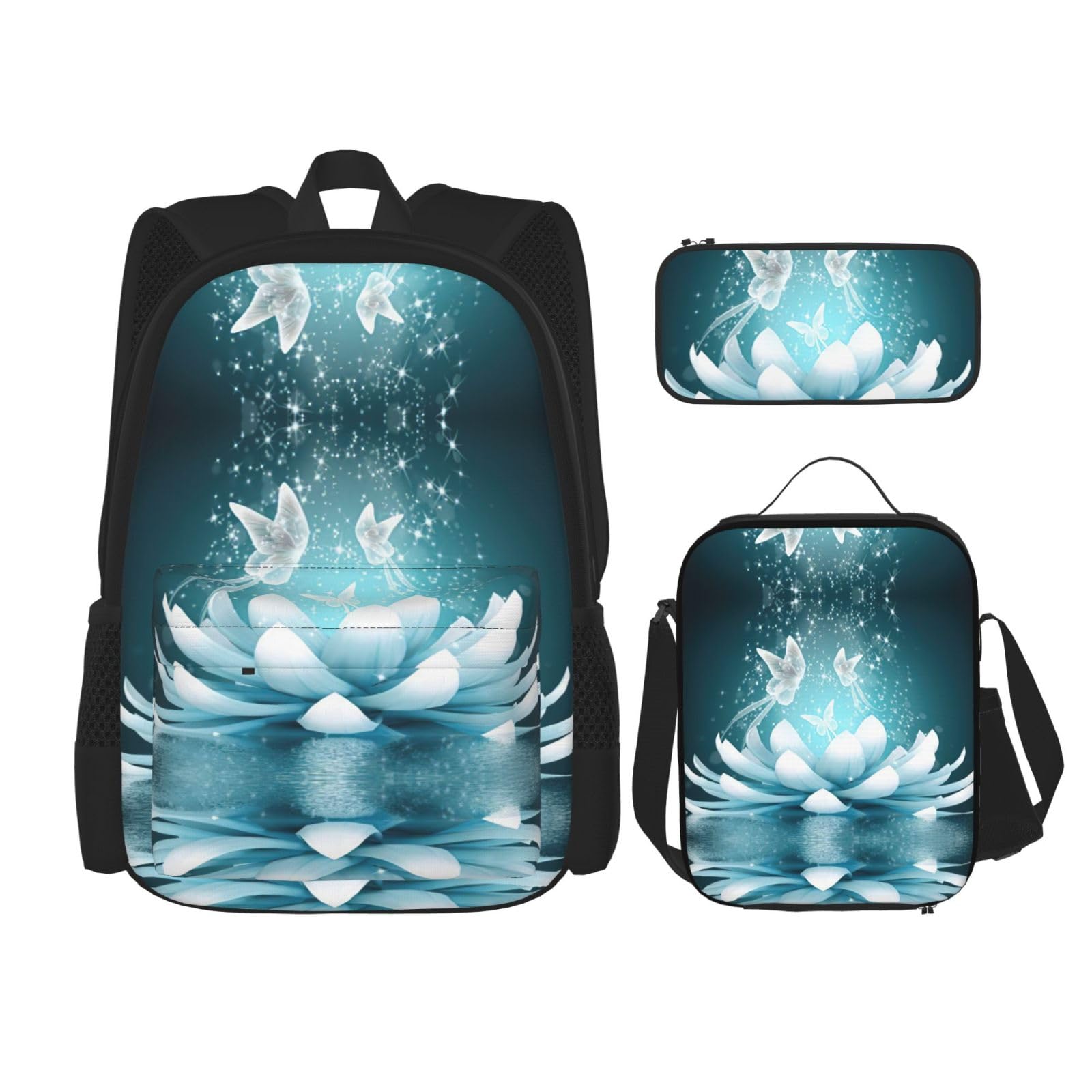 Juego de 3 mochilas escolares con estampado de flores de loto, mochila para laptop resistente al agua de gran capacidad con bolsa de almuerzo aislada y estuche para lápices para adolescentes