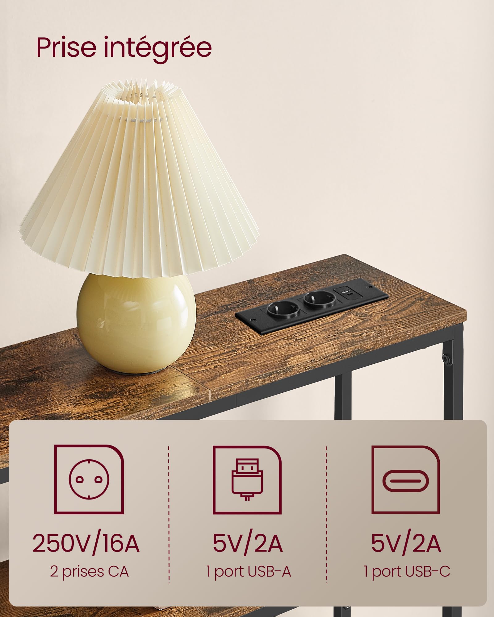 VASAGLE Consoletafel met stopcontact, smalle bijzettafel met 2 planken