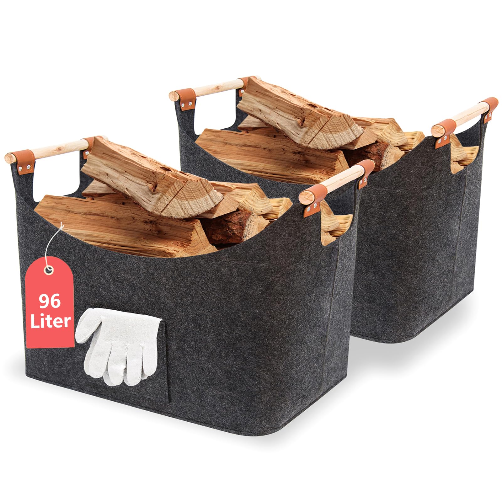 FINEW Cesto in legno per legna da ardere, 2 pezzi, 90 l, con guanti, 60 x 40 x 40 cm, grande cesto in feltro per legna da ardere, giornali, legno, giocattoli