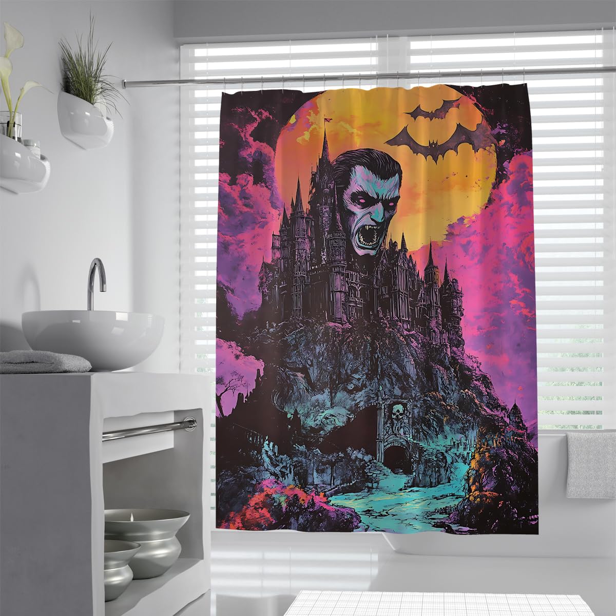 Tende Doccia Castello Vampiro Viola Gotico Halloween Luna 150x200cm