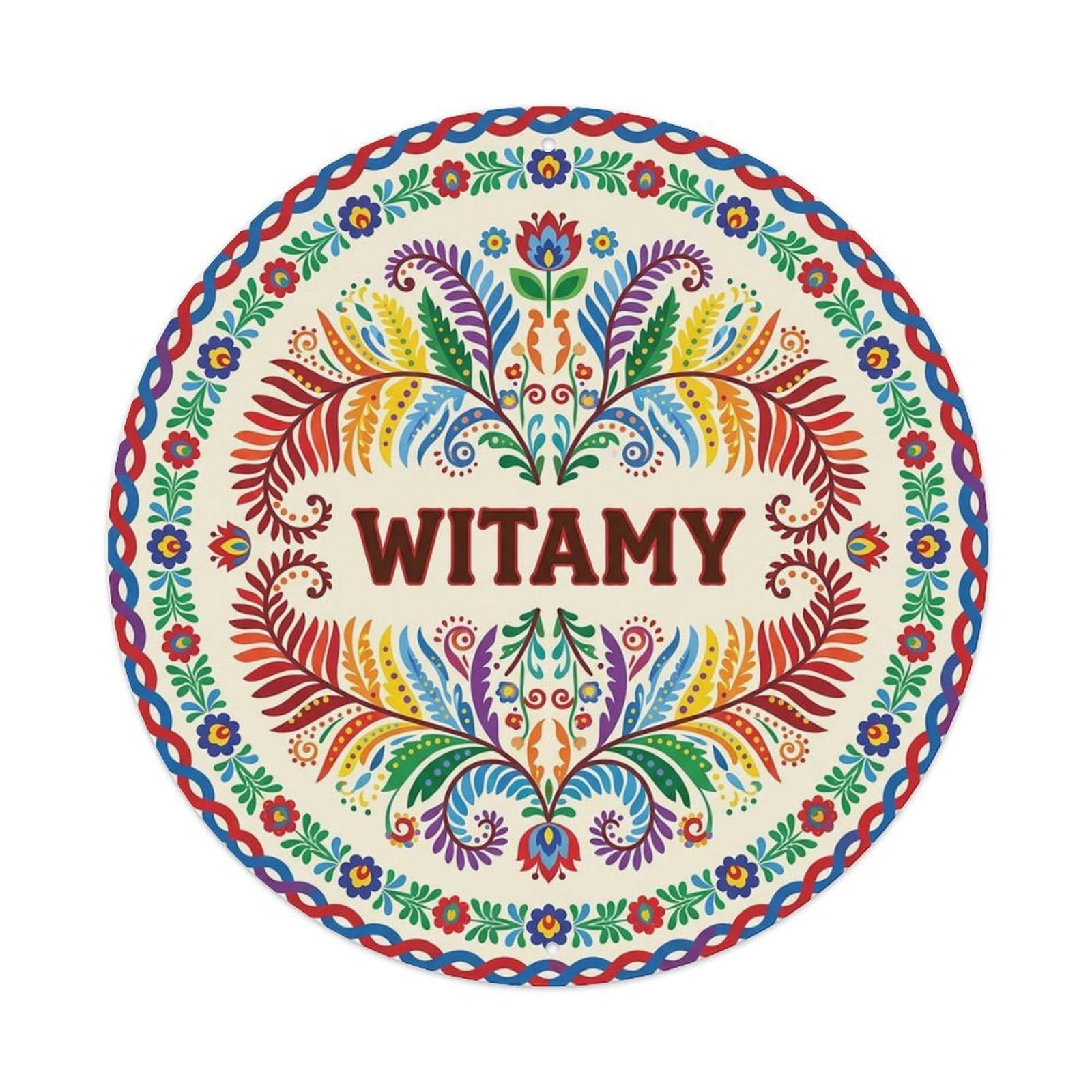 Vintage Polish Folk Art Witamy Welcome Rainbow Fern Metal Tin Sign