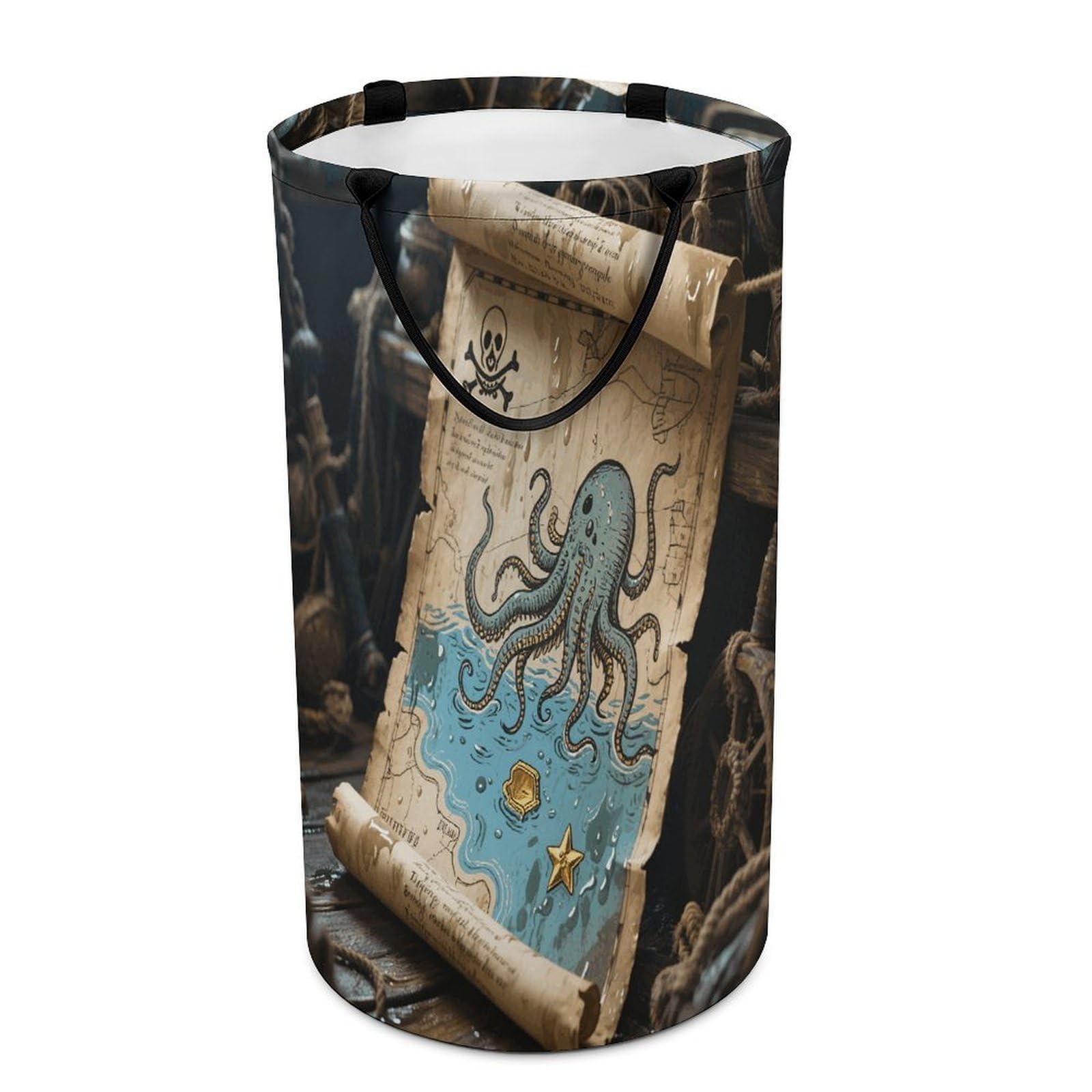 Pirate Map Laundry Basket with Handles Large Collapsible Laundry Bag Freestanding Waterproof Clothes Hamper Decor Storage of Dirty Clothe for Family Bathroom 86L