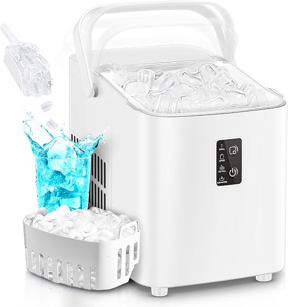 FOHERE Macchina per il ghiaccio, ghiaccio in 5 minuti, 14 kg in 24 ore, mini macchina del ghiaccio autopulente, 2 dimensioni di ghiaccio per cucina, ufficio, bar e feste, maniglia facile, bianco - 1