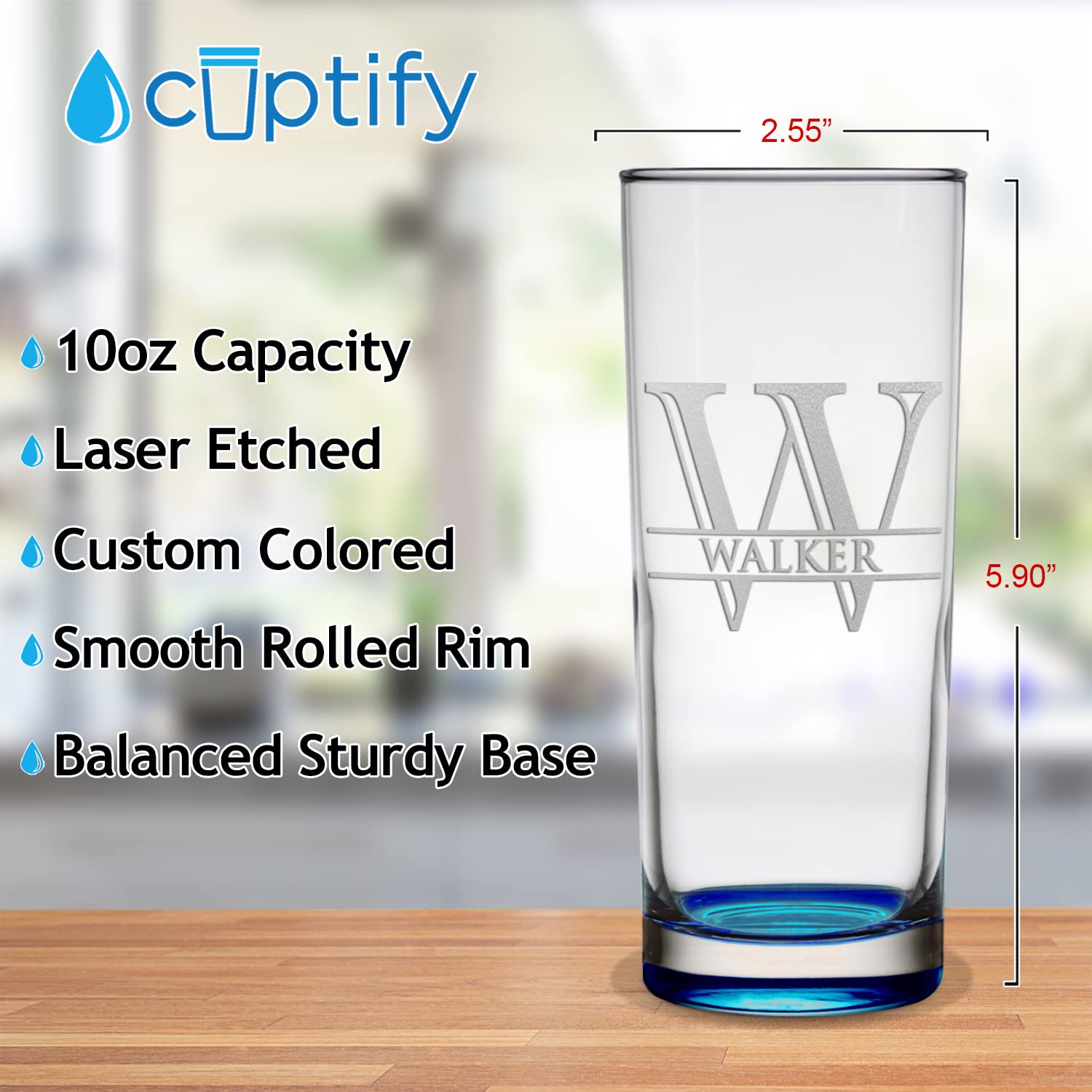 Personalized Highball 10.5 oz with Light Blue Bottom, Custom Tall Collins Glass, Straight up Mixed Drink Cocktail - Initial with Name Gift