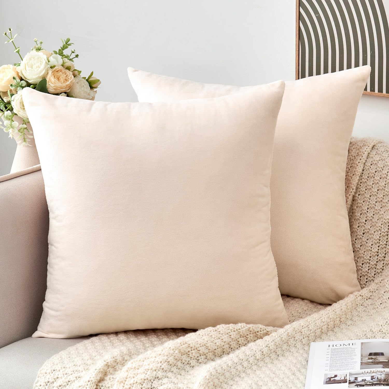 GriNeed Throw Pillow Covers Decorative Velvet Set of 2 18x18 Inch Pillow Covers, Soft Beige Pillowcases for Couch Sofa Bed Living Room, Farmhouse Home Boho Decor, Square Accent Neutral Cushion Covers