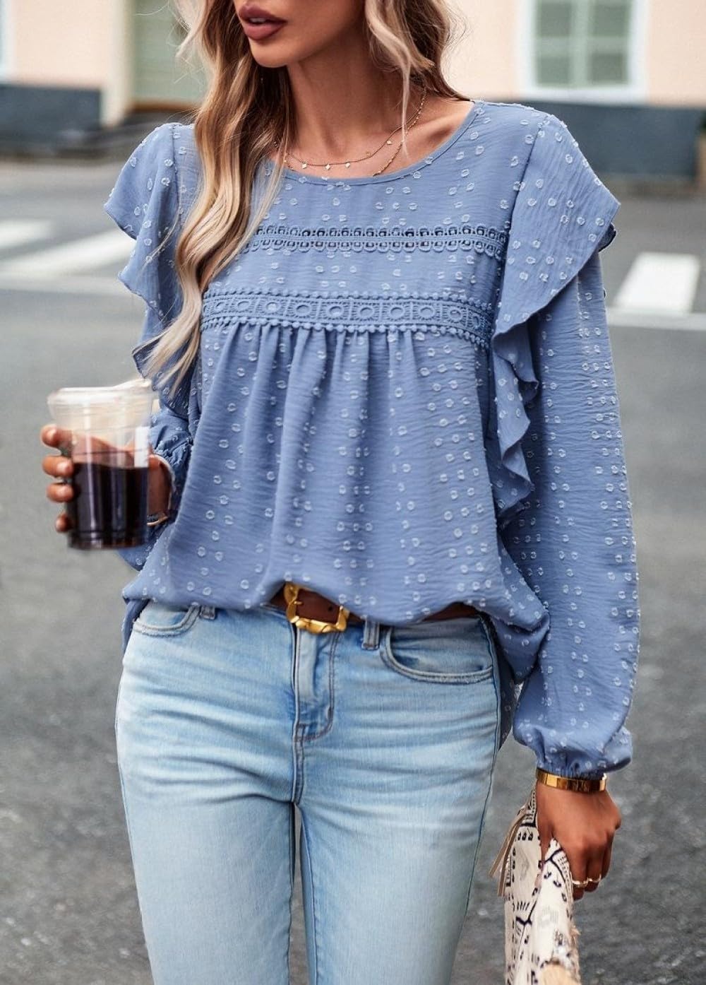 Blouse Femme Chic Et Élégant,Chemisier pour Femme Chemises À Manches Longues Bleu Solide Col Rond Bordure en Dentelle À Pois Volants Chemise Pull Plissée Élégante Chemise Décontractée Ample