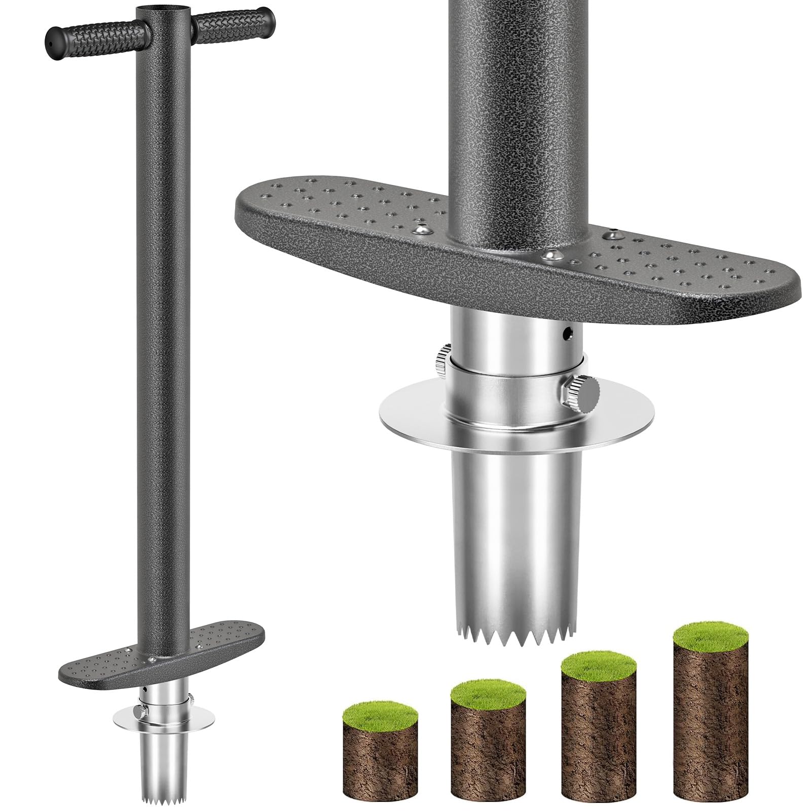 Dolibest 3-in-1 Sod Plugger & Bulb Planter Tool - Depth Adjust (3-6'') Stainless Steel Sharp Serrations with Ergonomic Grip | Lawn Plug Cutter for Turf Repair, Soil Sampling & Garden Planting-35.7