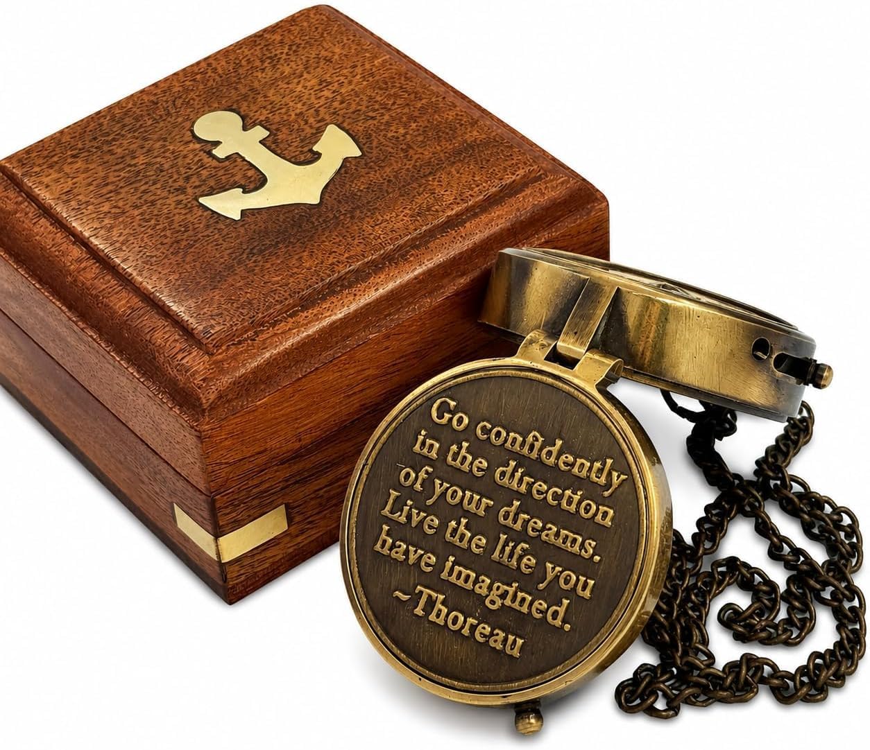 Go Confidently Quote Engraved Compass with Wooden Case - Camping & Boating - Gift & Graduation Day Compass - Antique Brass