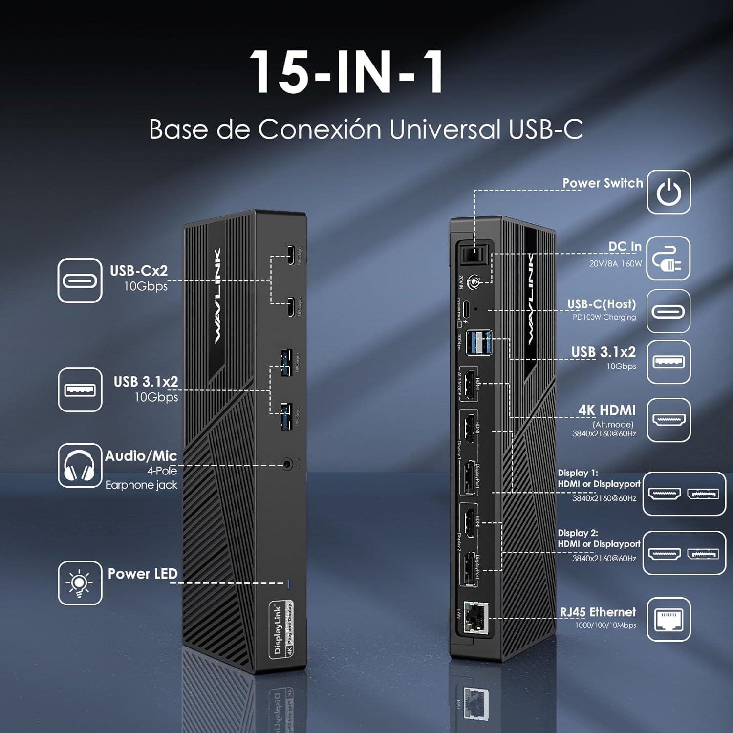 WAVLINK DisplayLink - Estación de acoplamiento 15 en 1, USB-C, compatible con MacBook Neo, monitores Triple 4K (3X HDMI + 2X DP), 100 W PD, 10 Gbps, Gigabit LAN, audio/Mic, para Windows y Mac (incluye