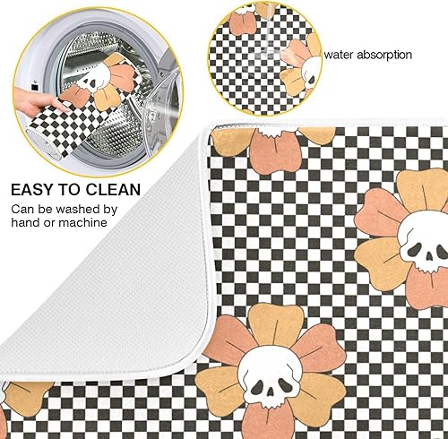 Miniatura 3 de Tapete de secado de platos de calavera floral, lavable, absorbente, tapete de secado para encimera de cocina, tapete de goma para encimera, 16 x 18