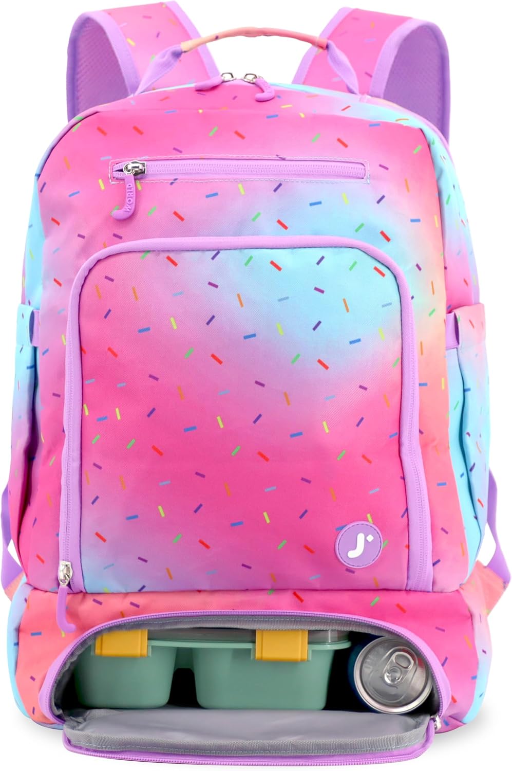 J World New York 2-in-1 Insulated Backpack Lunch Box for Kids. Adult School Bookbag, Confetti