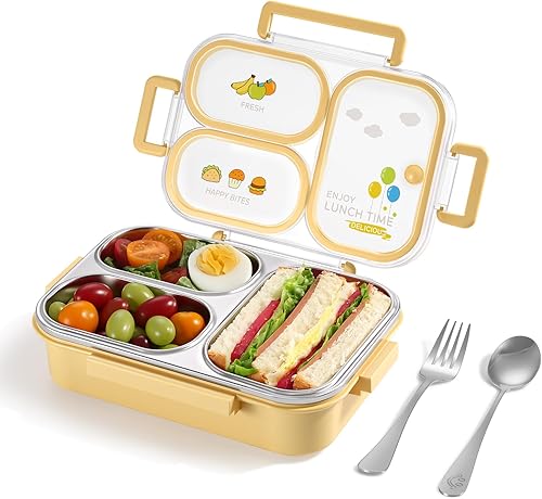 NUKied Stainless Steel Lunch Box for Kids & Adults, 3-Compartment Leak Proof Metal Bento Lunch Box with Fork & Spoon, 26.4 oz Airtight Food Storage Snack Container for School, Work, Travel (Yellow)