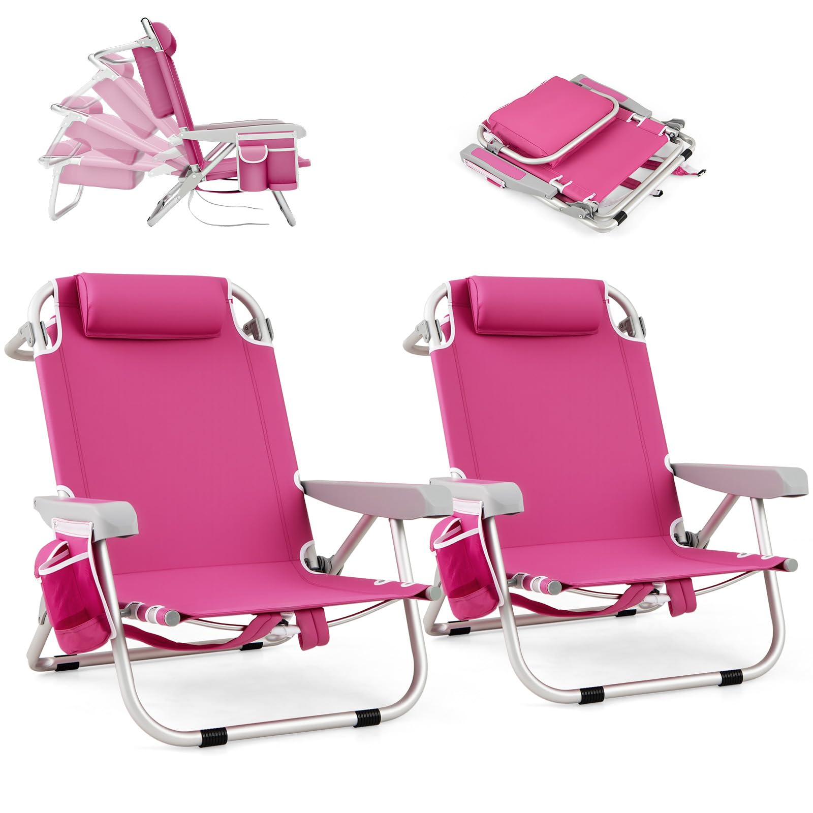 KOMFOTTEU Chaise Plage Pliable, 5 Positions Dossier réglable, Rose, 2 | Fauteil de Plage avec Appui-tête, Chaise de Camping avec Poches latérales, Charge de 150 kg