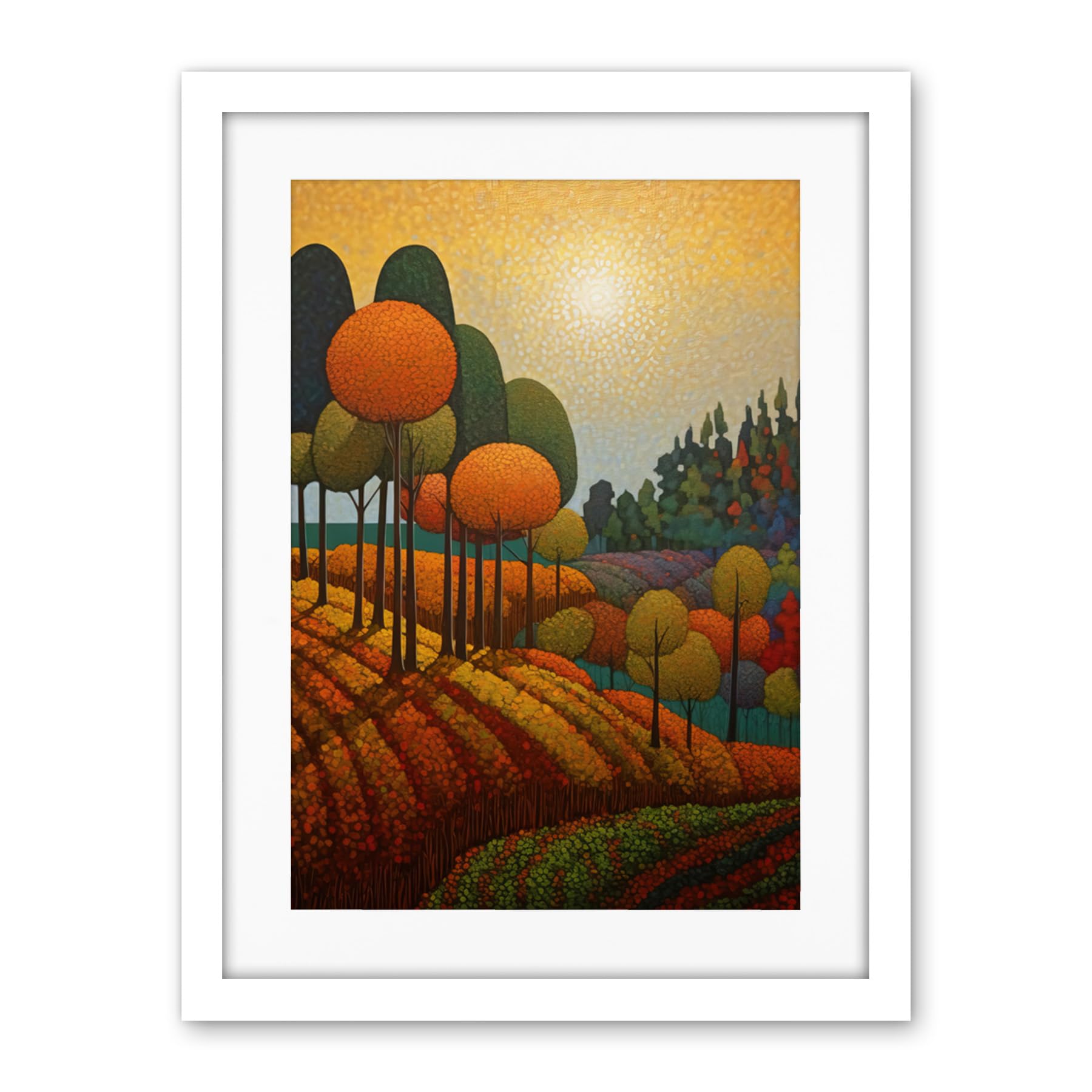 Artery8 Autumn Fields Pointillism Painting Amber Orange Green Countryside Landscape Artwork Framed Wall Art Print 18X24 Inch