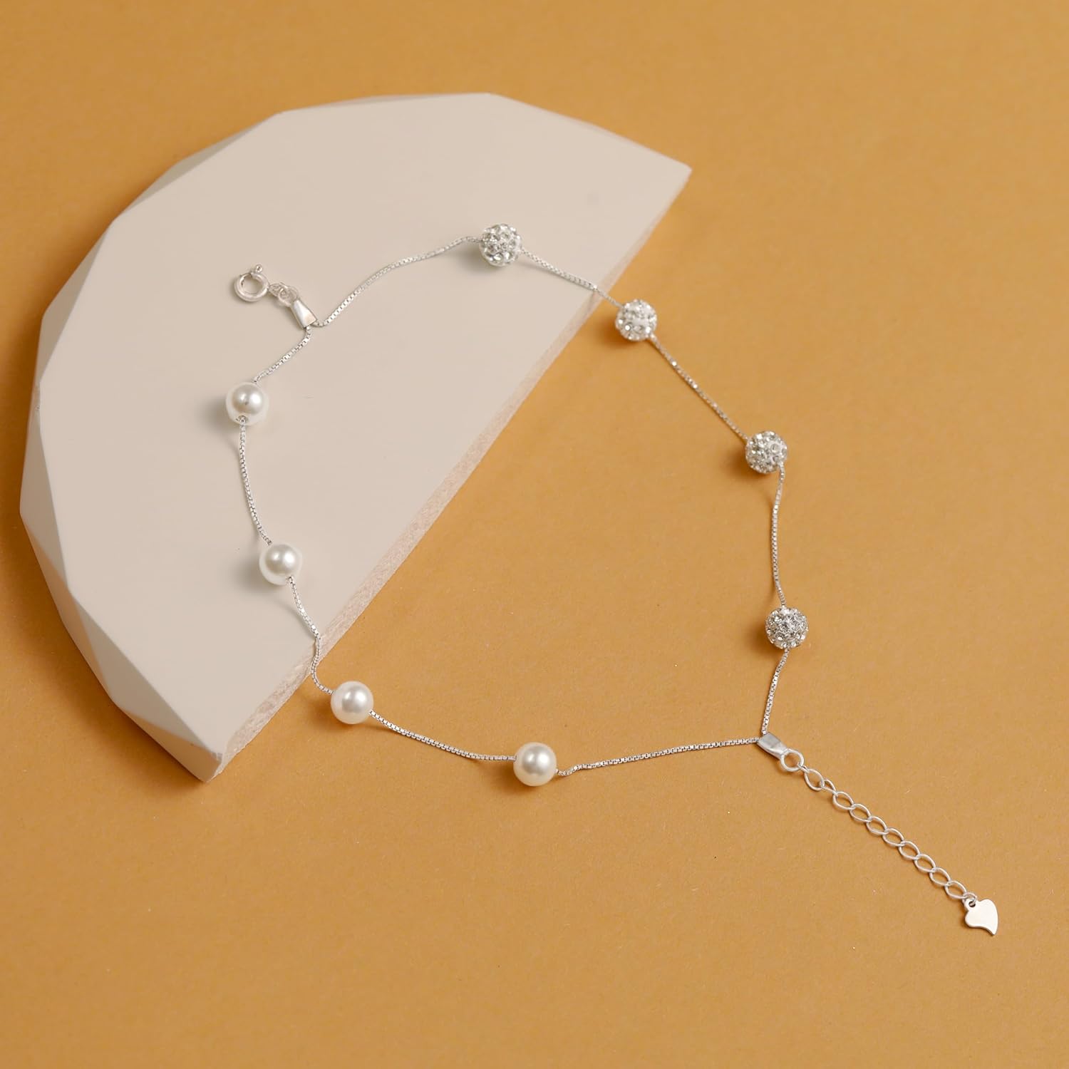 Dainty Pearl Zirconia Layered Bracelet for Women S925 Sterling Silver Pearl Crystal Beaded Bracelet to Daughter Mother Adjustable Link Chain Bracelets Birthday Wedding Jewelry Gifts - Image 5