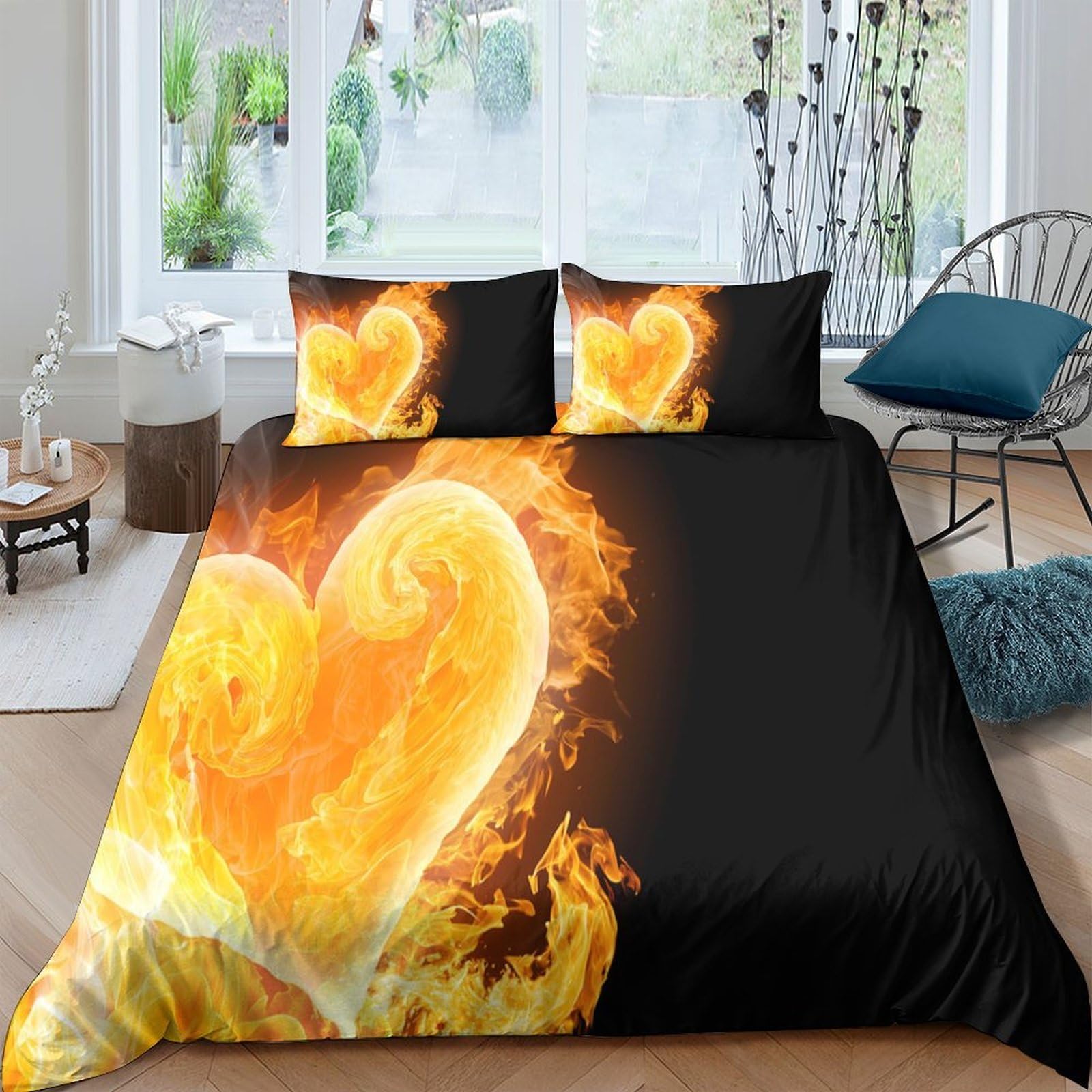 Ctjqhvkz Style-9 3D Printed Flaming Heart Fitted Sheet Microfiber Soft Slip Resistant Yellow Black Bed Cover For Bedroom Décor Single（135X200cm）
