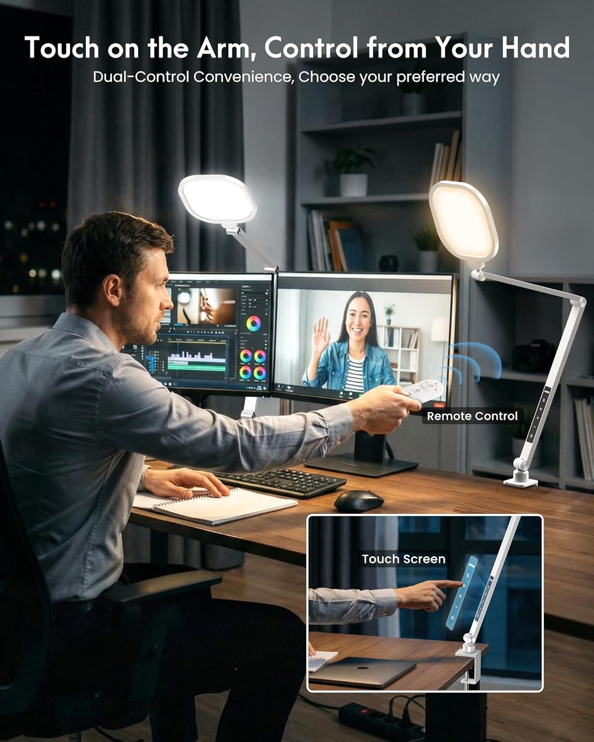 Video Conference Lighting for Computer, Dimmable Light for Video Recording, Meeting, Laptop & Webcam, 15W Ring Light for Desk with C- Clamp, Swing Arm, Remote, Memory & Timer CRI >95