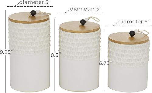 Miniatura 6 de Deco 79 Tarros decorativos de cerámica con tapas de madera, juego de 3 9 pulgadas, 8 pulgadas, 7 pulgadas de alto, blanco