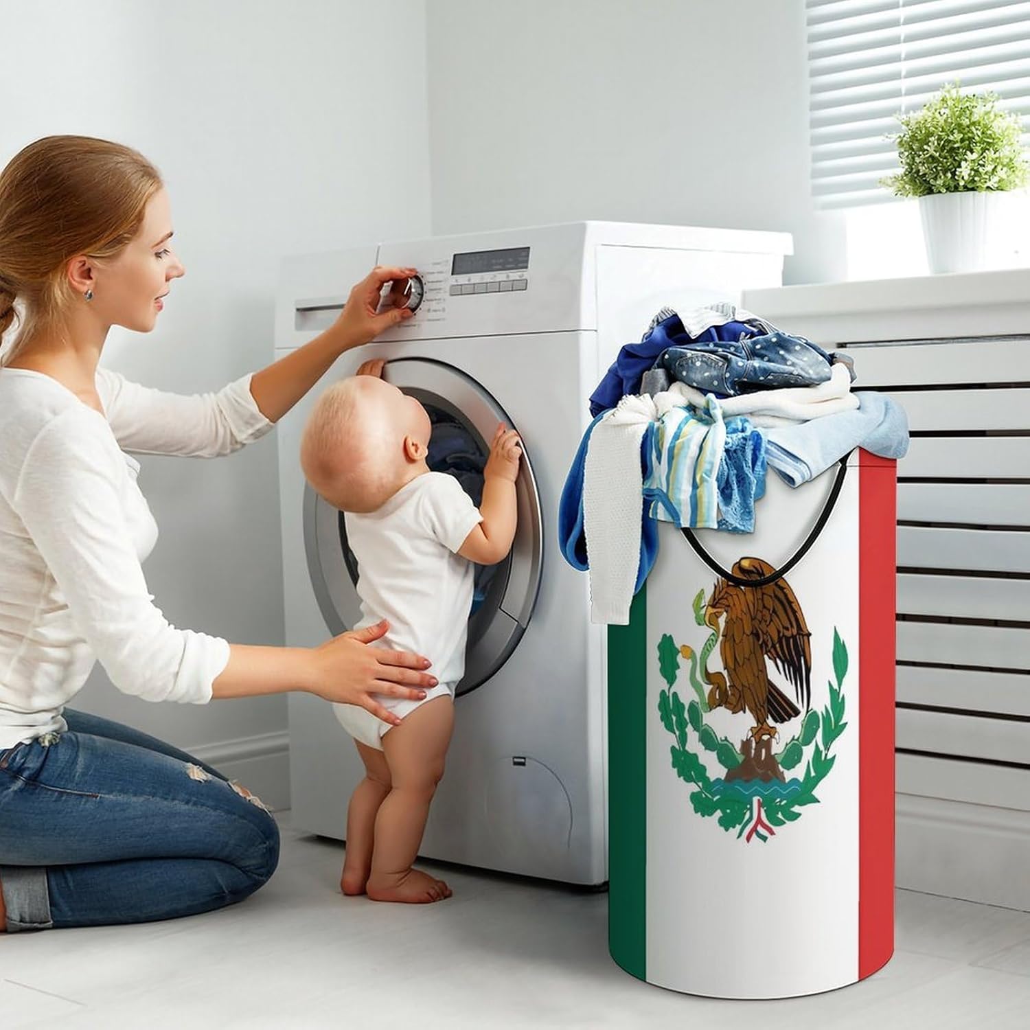 Flag of Mexico Laundry Hamper with Handles Waterproof Collapsible Laundry Basket Large Lightweight Round Dirty Clothes Hamper for Home Dorm Bathroom Decor