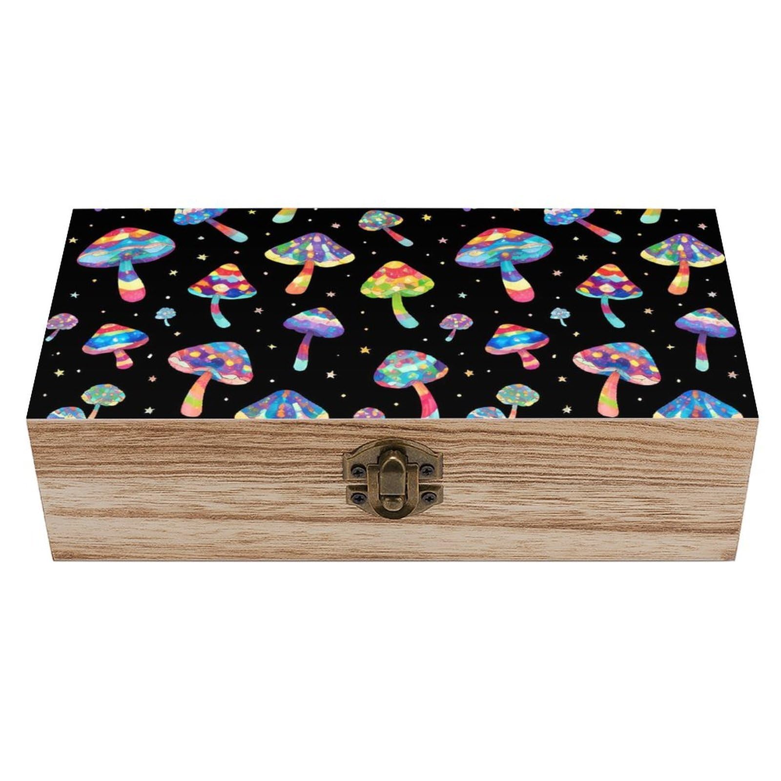 SMAZDFXX Neon Mushrooms Pattern Blue Wooden Storage Box With Hinged Lid Decorative Front Clasp Keepsake Boxes