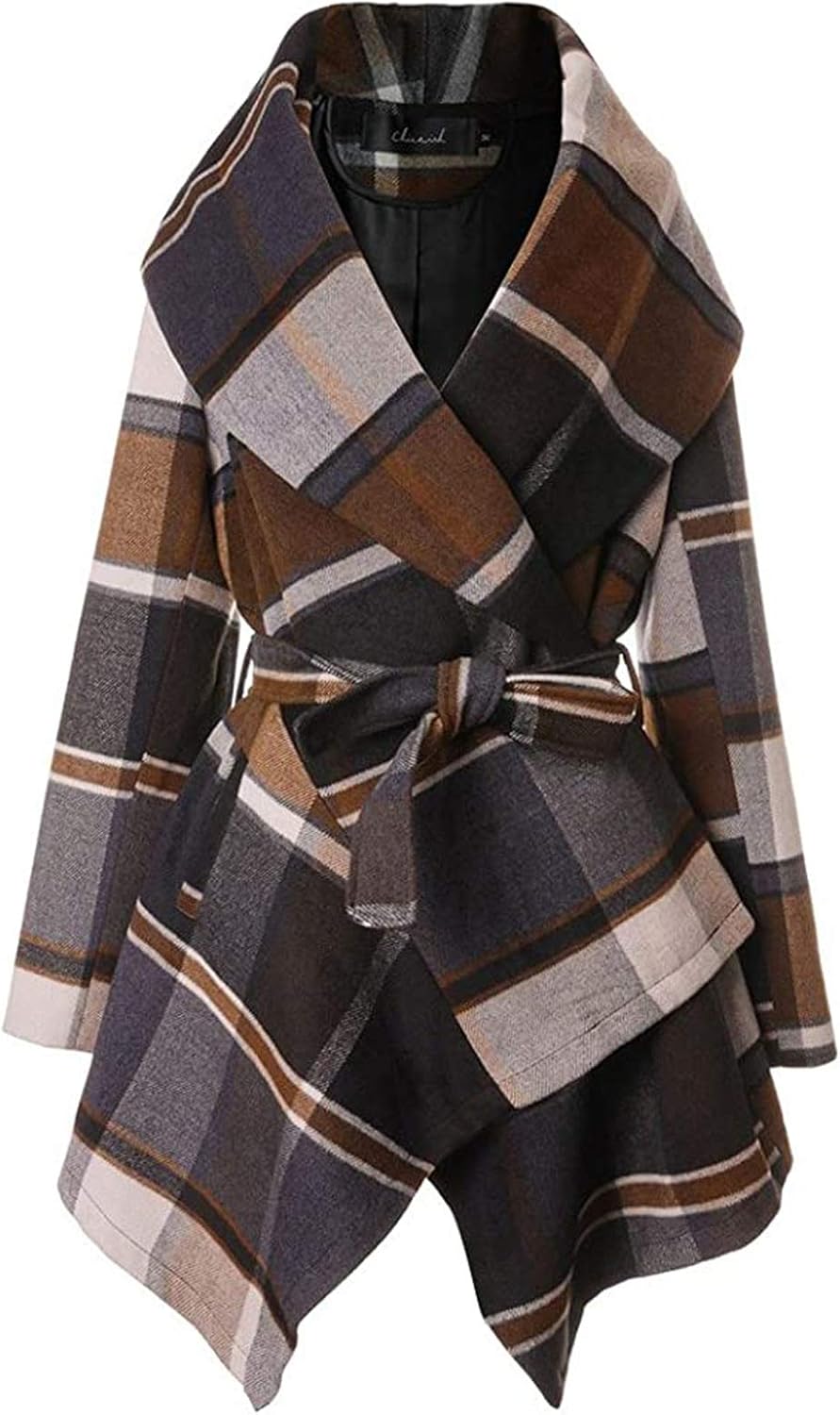 Melliflo Womens Turn Down Shawl Collar Waistband Outerwear Plaid Coat Long Sleeve Asymmetric Hemline Cotton Coat - Image 2