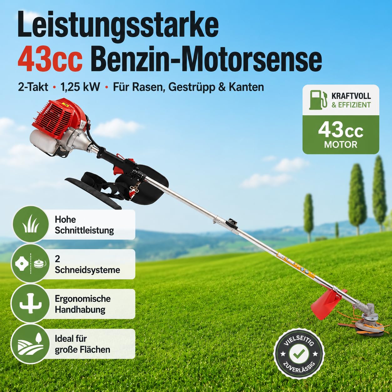 Desbrozadora de gasolina de 43 cc, 2 tiempos con 1,25 kW y 8500 rpm, depósito de 1,0 L, 2 cabezales de cuchillo, para césped, maleza y agricultura