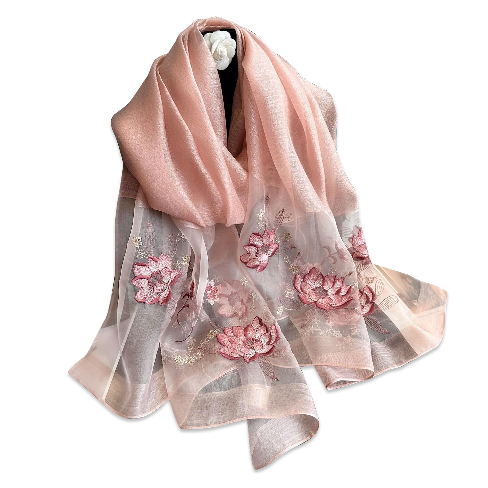 LumiSyne Mulberry Silk Scarf Chiffon Scarf For Women Delicate Lotus Flower Embroidery Transparent Tulle Lightweight Soft Long Scarf Sunscreen Shawl Sheer Wrap Spring Autumn