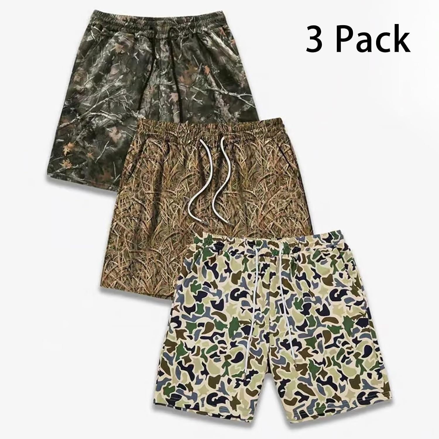 Pack 3 Duck Hunting Camo Shorts - 5 Inch Inseam Camo Mesh Design Breathable Gym Workout Athletic Training Men Women